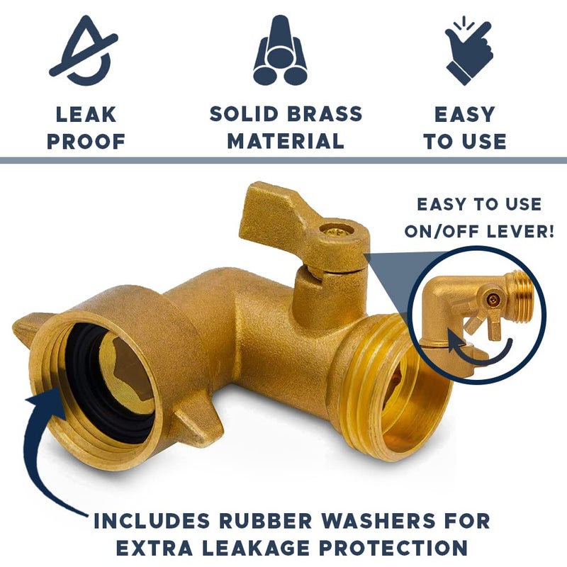 Morvat Garden Hose Elbow with Solid Brass 90 Degree 3/4" FHT x 3/4" MHT with ON/Off Shutoff Valve, Water Hose Elbow Connector with Swivel Connection For Easy Connection, Incudes Tape & 2 Extra Washers - Image 2